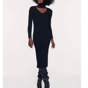 Zara Midi Dress Small Black Ribbed Knit Long Sleeve Turtleneck Bodycon LBD